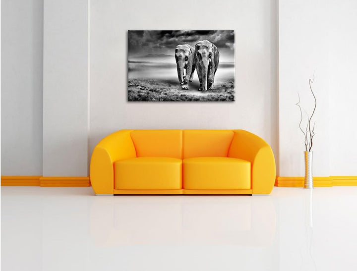 Pixxprint Elefanten in Steppe als Leinwandbild/Grösse: 100x70 / Wandbild/Kunstdruck/fertig bespannt,