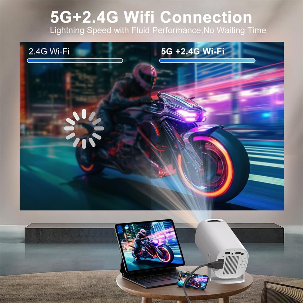 Mini Beamer, Smart Projektor Full HD 1080P, Klein Beamer Heimkino mit WiFi 6 und Bluetooth 5.2, Unte