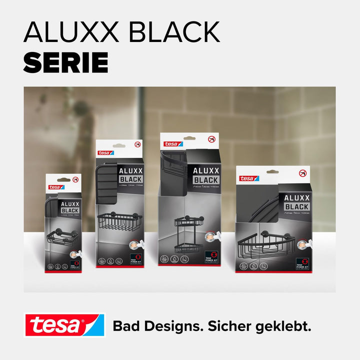 tesa ALUXX BLACK Duschablage zur Wandmontage ohne Bohren, schwarz matt - einstöckig und extra tief -