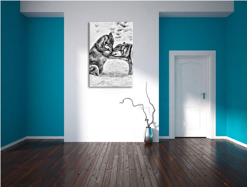 Pixxprint spielendes Wolfsrudel als Leinwandbild/Grösse: 100x70 / Wandbild/Kunstdruck/fertig bespann