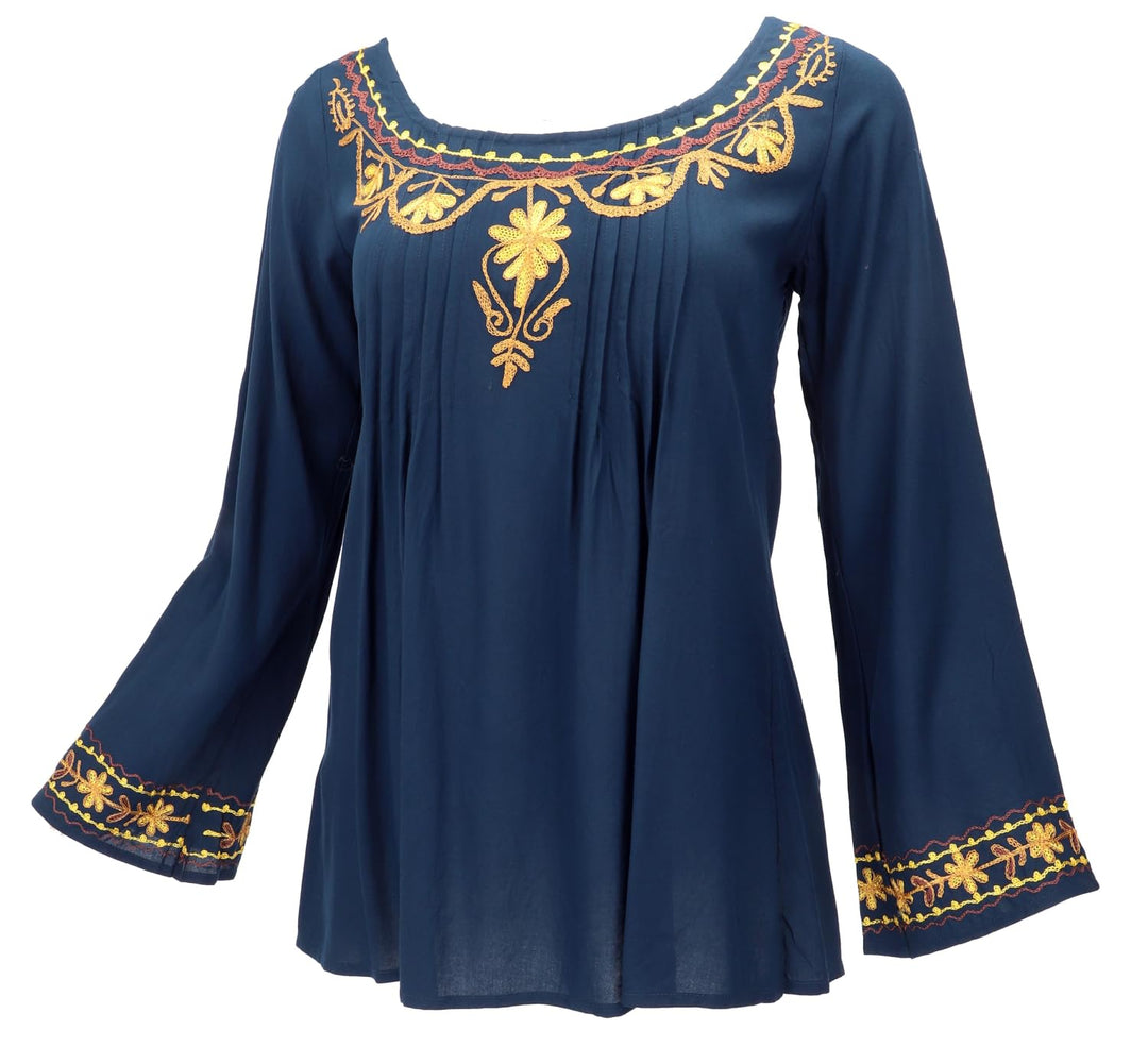 GURU SHOP Bestickte Elfenbluse, Boho Damenbluse 40 Dunkelblau, 40 Dunkelblau