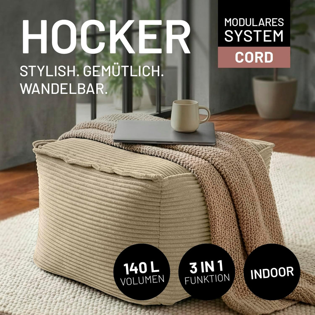 Lumaland Modular Sitzsack Hocker Cord 140 L für Modulares Sofa | ideales Match mit Sessel | EPS Perl