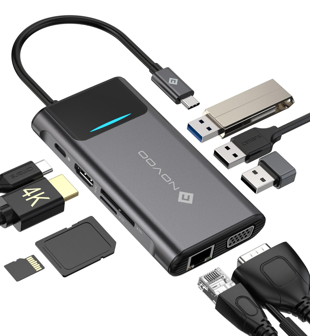 NOVOO 9-in-1 USB C HUB Adapter USB C mit RJ45 Gigabit Ethernet, 4K HDMI, VGA, 100W PD, SD/TF-Kartenl