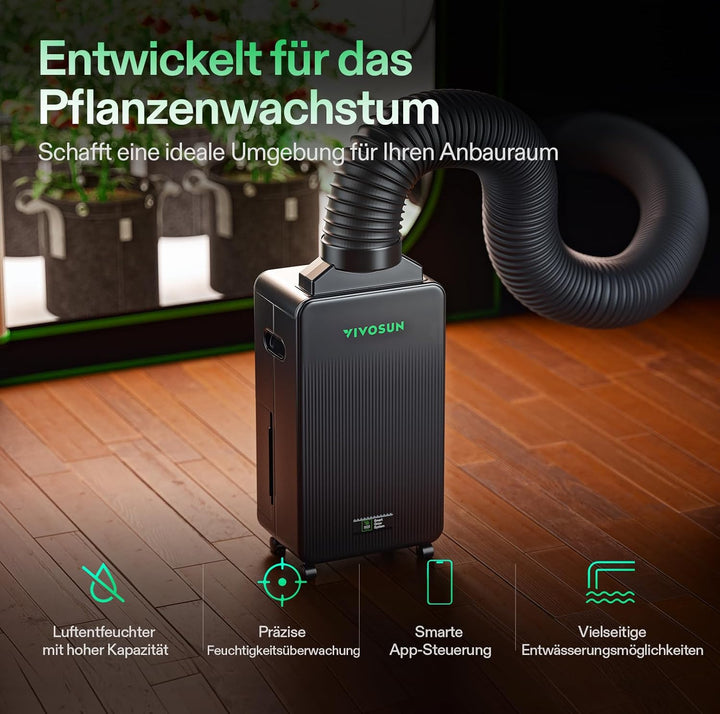 VIVOSUN AeroDrain D12 Luftentfeuchter Elektrisch 12L/Tag mit 2L Tank, Smart Dehumidifier mit Tempera