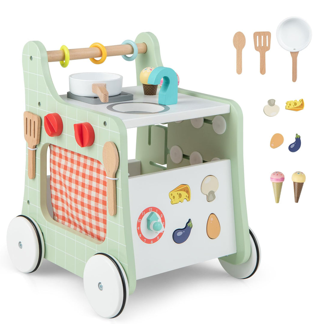 DREAMADE Lauflernwagen Holz, 6-in-1 hölzerne Lauflernhilfe, Baby Walker mit Blöcken &amp; 9 Teilen Zubeh
