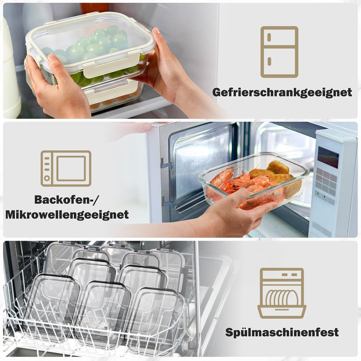 YASHE Glasbehälter mit Deckel, 10 Teile Stapelbar & Luftdicht Meal Prep Boxen Glas für Spülmaschine,