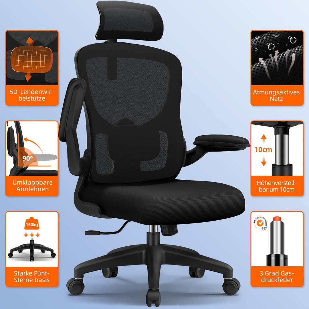 Bürostuhl, Bürostuhl Ergonomisch, Schreibtischstuhl mit 5D-Lendenwirbelstütze und Kopfstütze, 90° kl