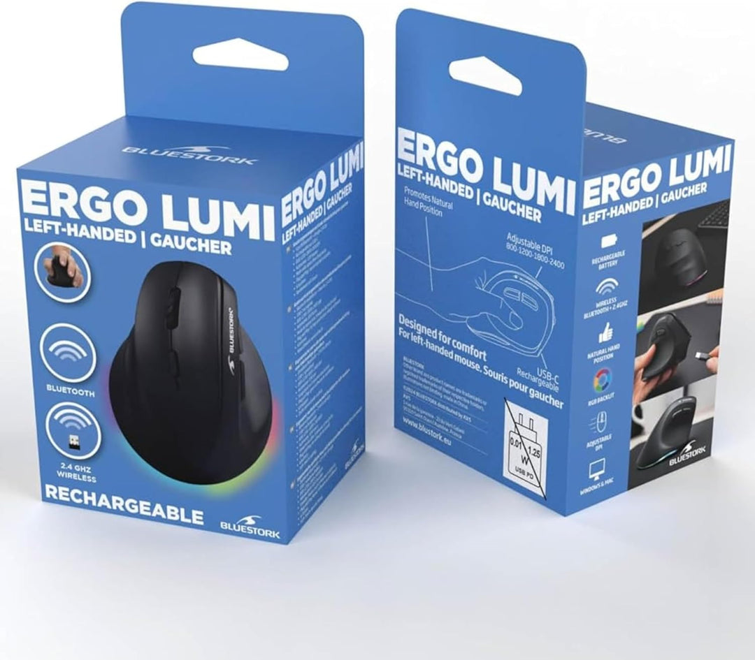 Bluestork - Ergonomische Vertikale Kabellose Maus 4800 DPI RGB Links | Kabellos 2.4GHz &amp; Bluetooth,