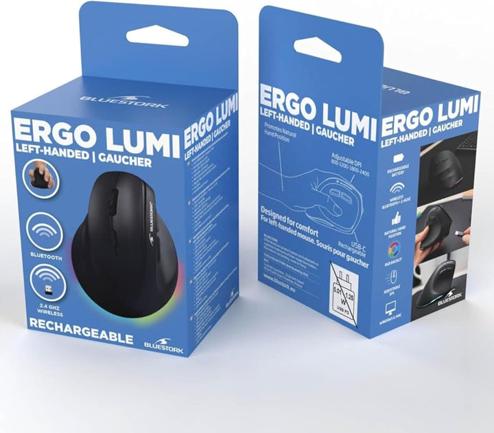 Bluestork - Ergonomische Vertikale Kabellose Maus 4800 DPI RGB Links | Kabellos 2.4GHz &amp; Bluetooth,
