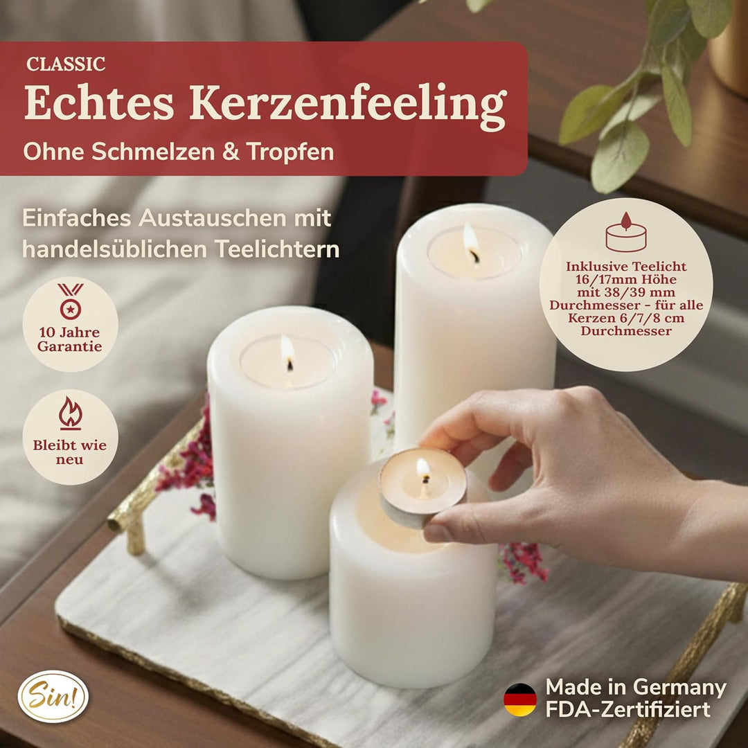 Sin! 4er Set Teelichthalter Classic warmweiss - ∅ 7 cm - Höhe 9 cm, Dauerkerze mit Teelicht in Kerze