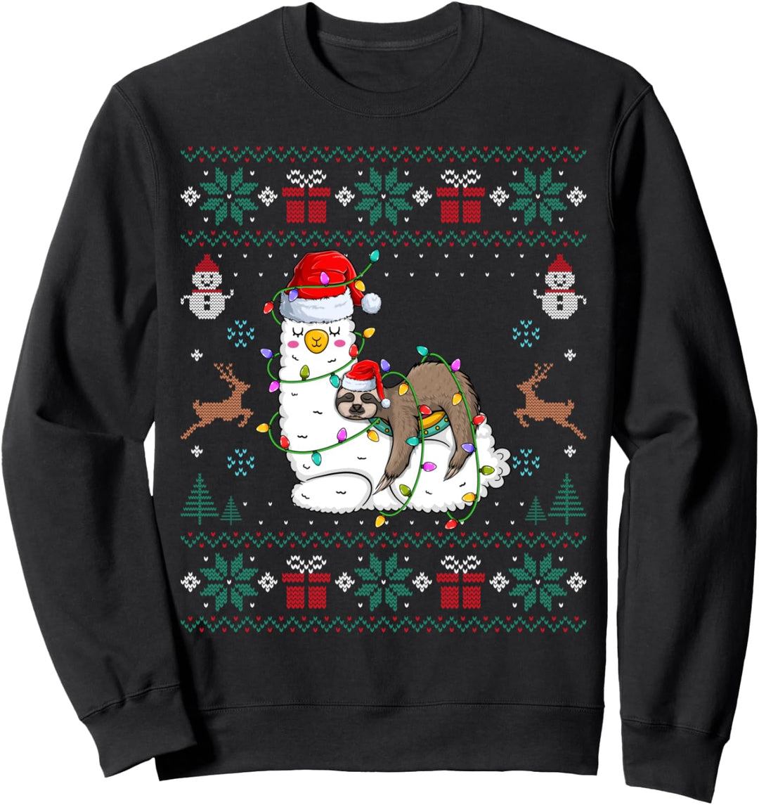 Sloth Riding Llama Santa Hat Christmas Lights Alpaca Xmas Sweatshirt