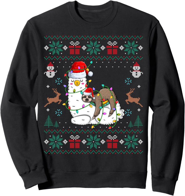 Sloth Riding Llama Santa Hat Christmas Lights Alpaca Xmas Sweatshirt