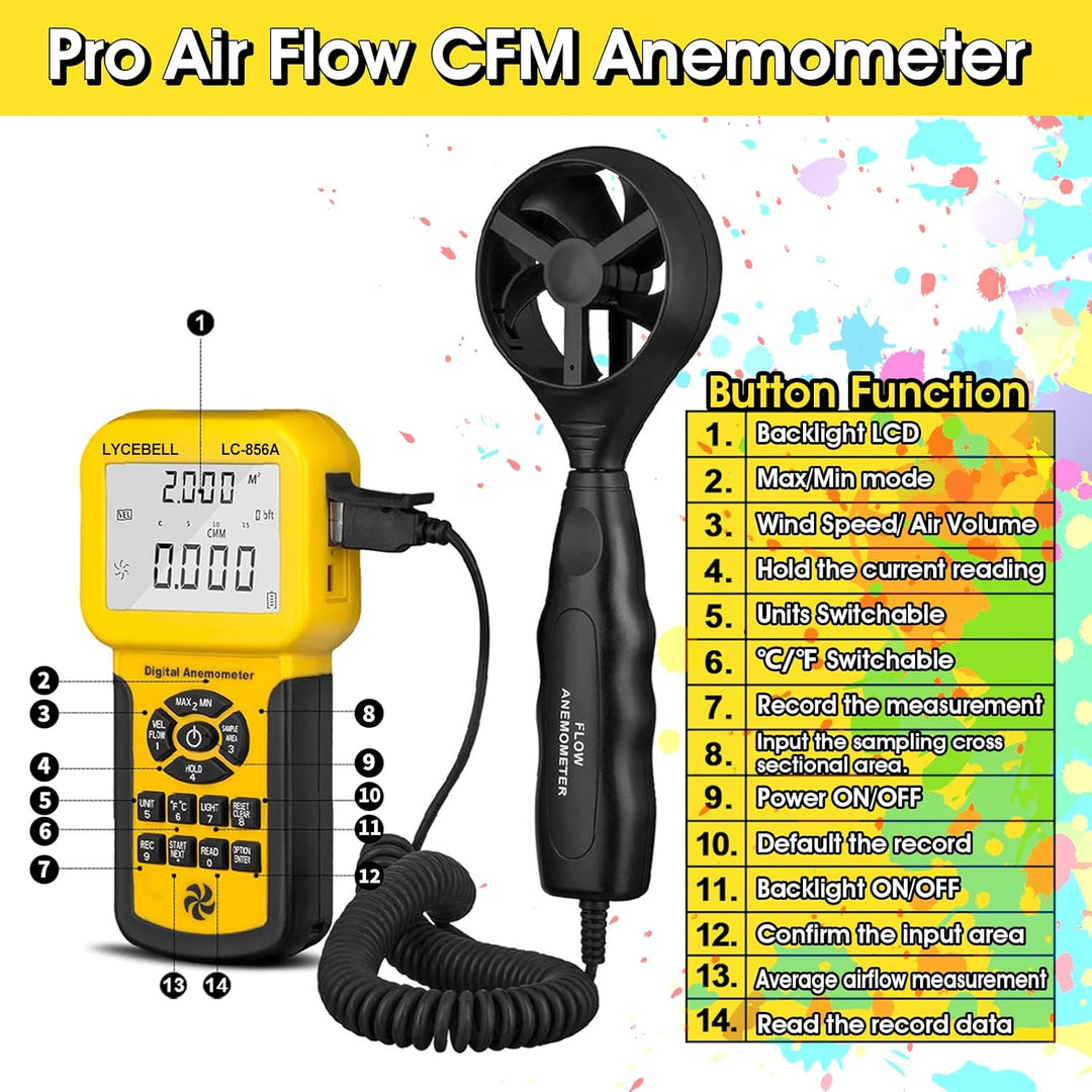 LYCEBELL Digital Anemometer, LC-856A Handheld Windmesser misst Windgeschwindigkeit, Windfluss, Tempe