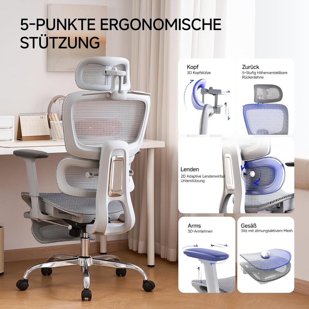 Ergonomischer Bürostuhl mit Fussstuhl &amp; 3D Armlehnen - Gaming Stuhl mit 5-Fach Höhenverstellung, 2D
