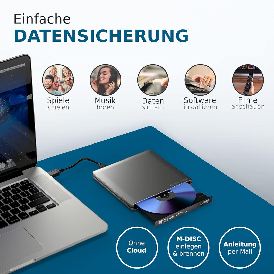 techPulse120 Externes UHD 4k 3D M-Disc BDXL USB 3.0 USB-C Laufwerk Blu-ray Brenner Burner Superdrive