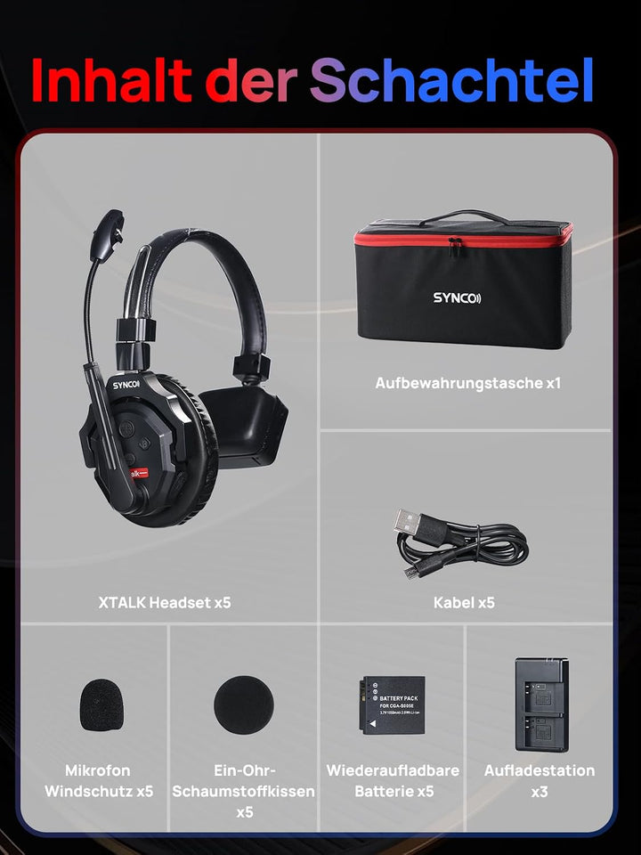SYNCO Wireless Intercom Headset, XTALK X5 2.4GHz Vollduplex Kabelloses Kommunikationssystem 24H 350M
