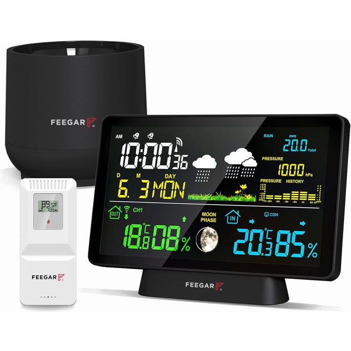 Wireless Weather Station with Digital Rain Gauge, Feegar Forecaster LCD 7,5" Indoor Outdoor Temperat
