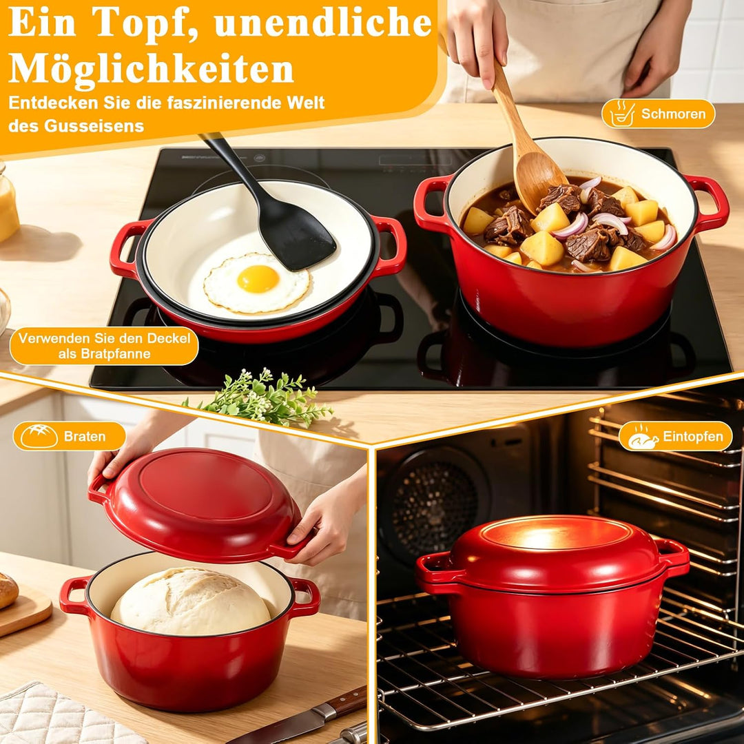 Gusseisen Topf 5.7L, 26cm Emaille Bräter mit Deckel, Schmor- &amp; Brotbacktopf, für Brot backen, Sauert
