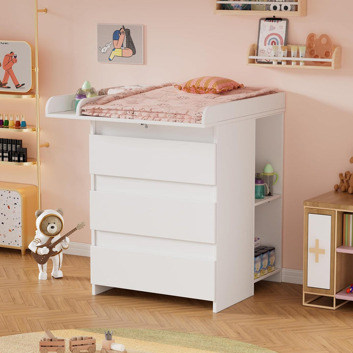2-in-1 Wickelkommode mit abnehmbarem Wickelaufsatz, Baby Wickeltisch&Kommode mit 3 Schubladen und 6
