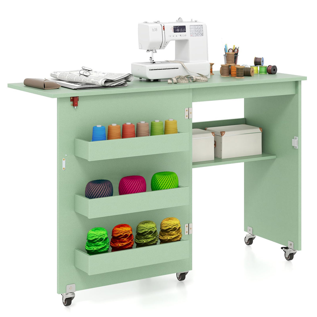 COSTWAY 2 in 1 Nähtisch klappbar, Nähmaschinenschrank Holz mit Regalen &amp; Ablagefach, Nähschrank mit