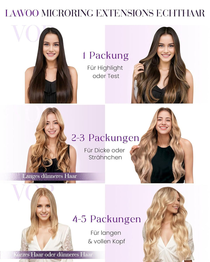 LaaVoo Micro Loop Extensions Echthaar Microring Extensions 55cm Aschblond mit Blond Strähnchen Micro