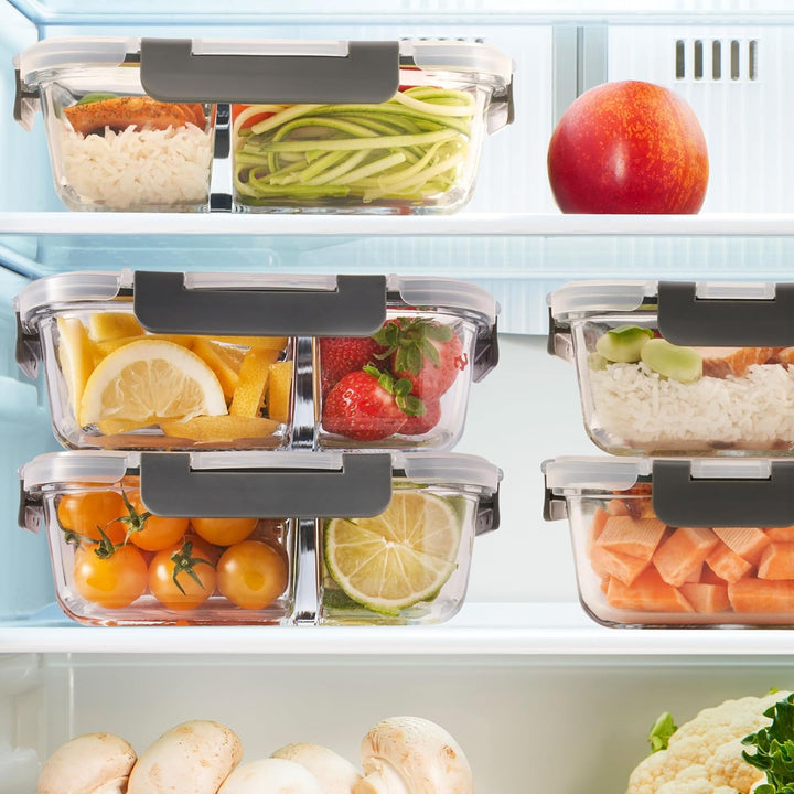 2-Fach Meal Prep Container aus Glas mit Transparentem deckel – Luftdicht Verschliessbare Frischhalte
