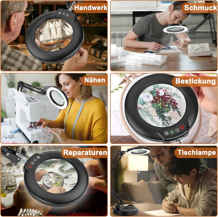 Veemagni 10X Lupe mit Licht, 5 Farbmodi Stufenlos Dimmbar 2-in-1 Schreibtischlampe und Klemme, LED B