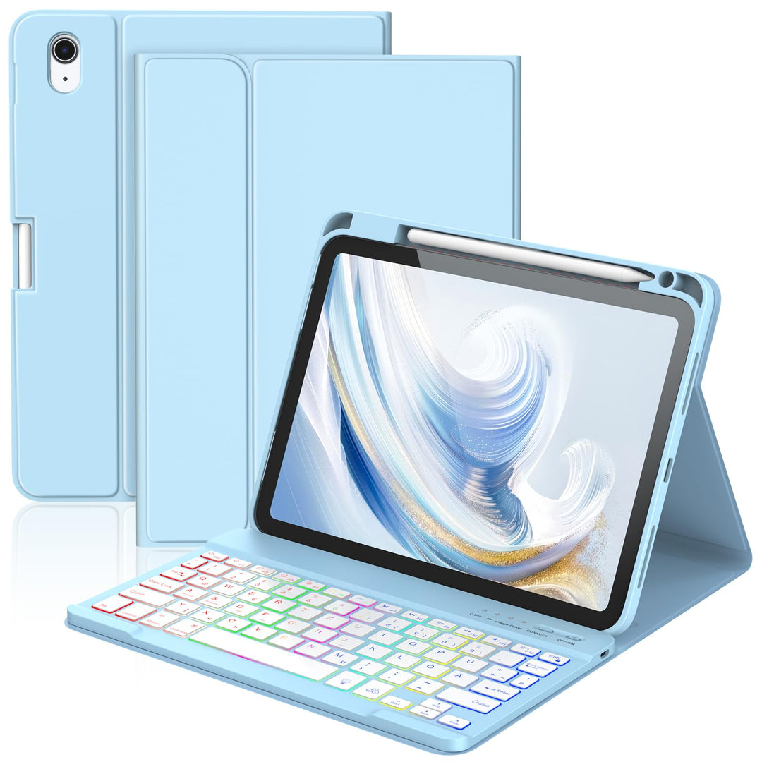 KBCASE Hülle mit Tastatur für iPad A16 11/10 Generation(11 Zoll 2025/10.9 Zoll 2022), 7 Farbige Bele