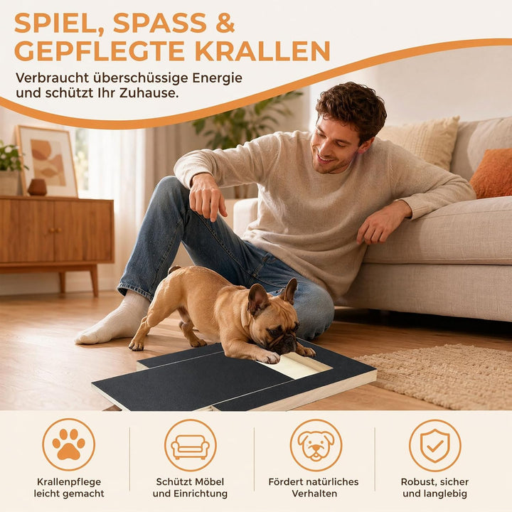 Krallenschleifer für Hunde - 35x25x3cm Holz Scratch Hund mit Leckerlibox, Inklusive Enthaarer und 2x