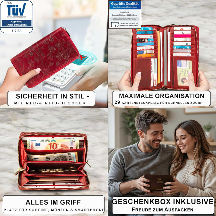 MATADOR Geldbörse Damen XXL Gross Leder Geldbeutel Doppelter Reissverschluss TÜV Geprüfter RFID &amp; NF