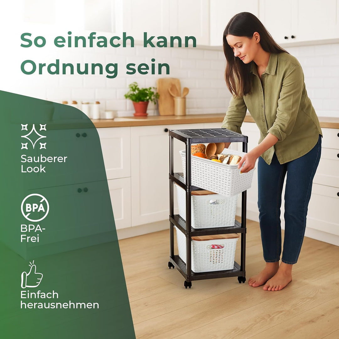 Novaliv 2x Rollwagen 4 Etagen mit 6x Rattankorb & Holz-Deckel, Badezimmer-Regal Badregal Bad Küche,