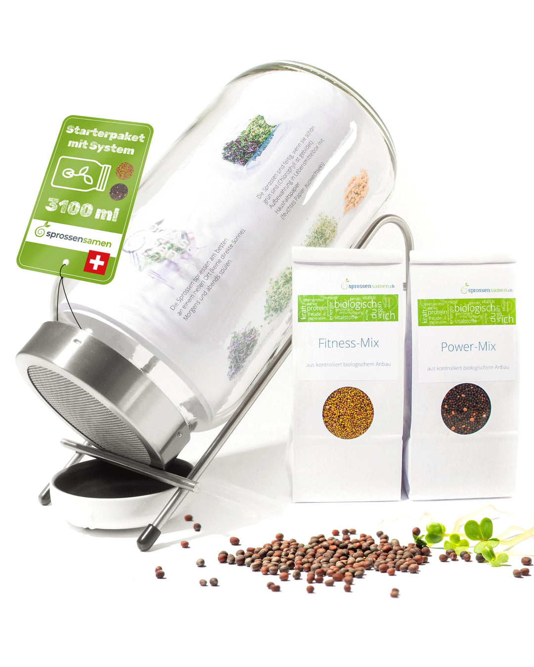 Starterpaket 3100ml mit Fitness-Mix Bio 250g &amp; Power-Mix Bio 250g - Keimglas für Sprossen - inkl. Sp