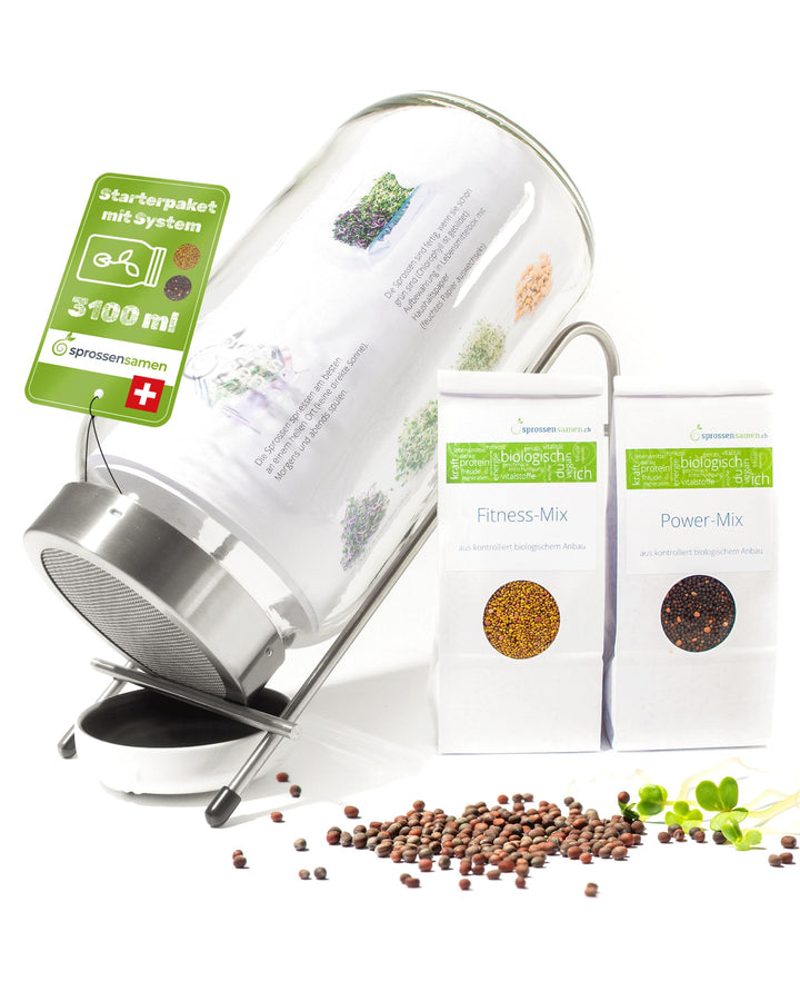 Starterpaket 3100ml mit Fitness-Mix Bio 250g &amp; Power-Mix Bio 250g - Keimglas für Sprossen - inkl. Sp