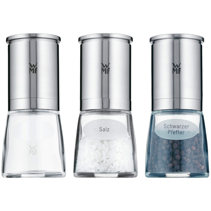 WMF De Luxe Salz und Pfeffermühle Set 3-teilig, befüllt, Cromargan Edelstahl matt, Glas, Keramikmahl
