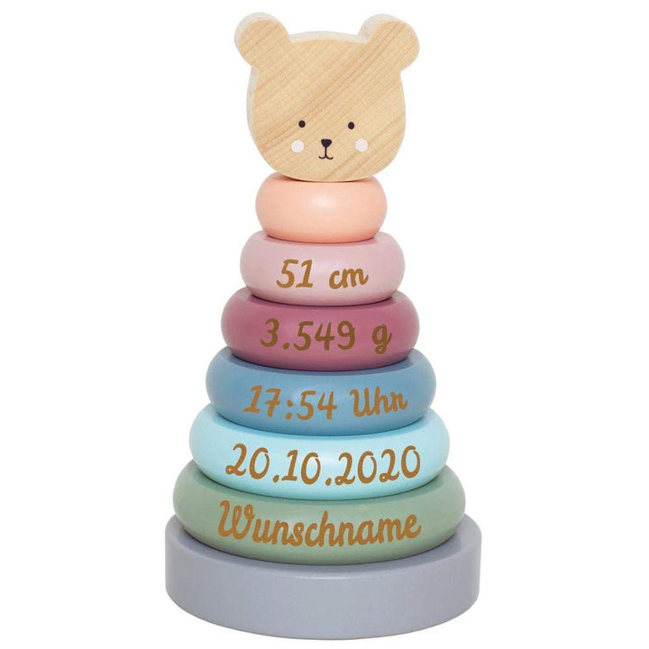 Elefantasie Stapelturm aus Holz Bär personalisierbar mit Name und Geburtsdaten Baby Geschenk mit Gra