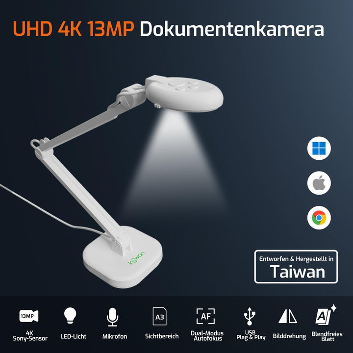 INSWAN INS-2 13MP 4K USB Dokumentenkamera &amp; Visualizer – Ultra HD, A3-Format, Autofokus, LED, Mikrof