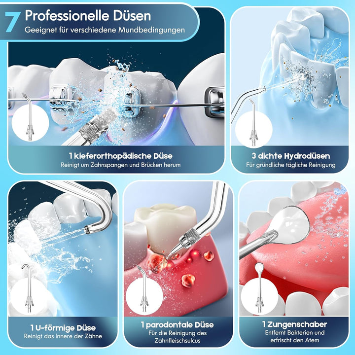 Munddusche Kabellos, Water Flosser for Teeth Mit 4 Modi &amp; 8 Anpassbaren Stufen 7 Düsen 300ML Tank Mu