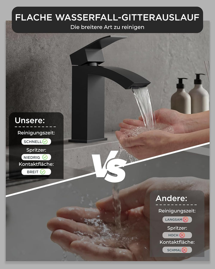FORIOUS Wasserhahn Bad Schwarz mit Ablaufgarnitur, Wasserfall Waschtischarmatur mit Auslauf Höhe 100