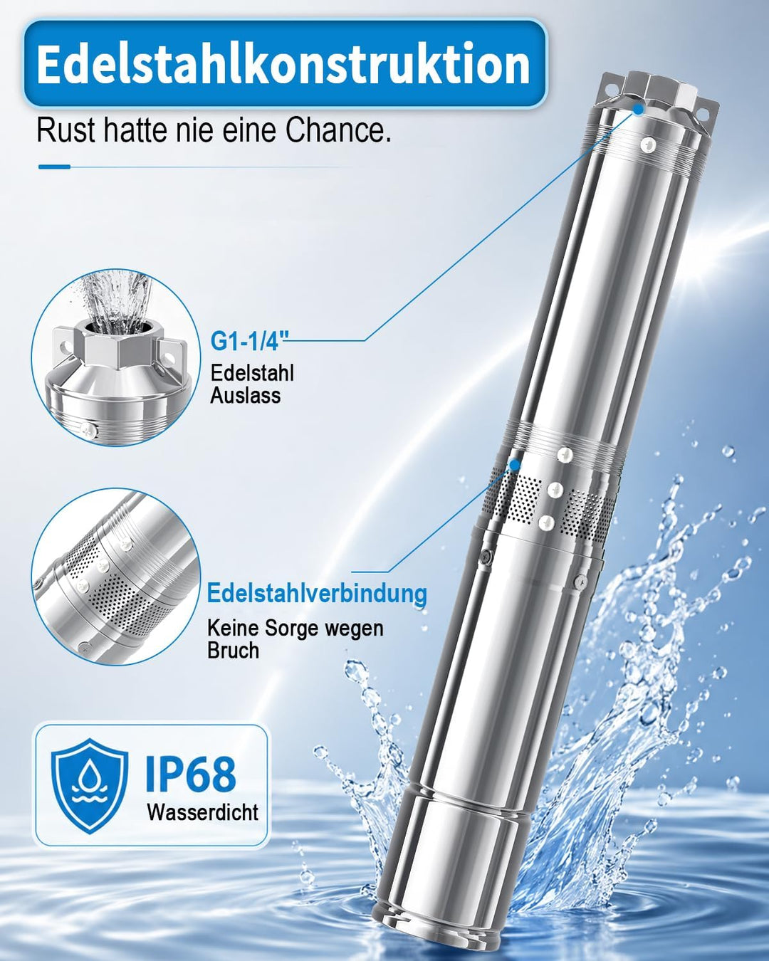 LANCHEZ Tiefbrunnenpumpe, 120 L/min Brunnenpumpe, (Max. Förderhöhe 75 M | IP68 | 230V/50Hz | mit 10M