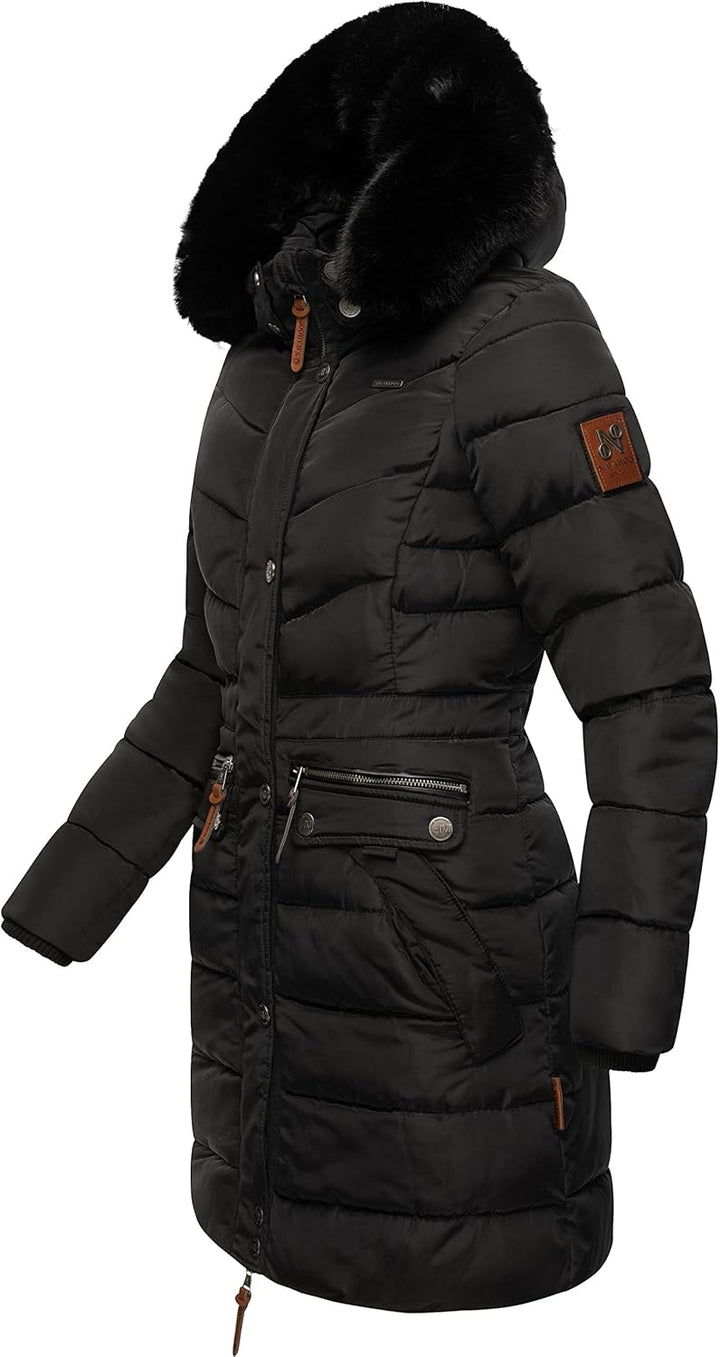 Navahoo Damen Wintermantel warmer Steppmantel lang mit abnehmbarer Kunstfell-Kapuze Paula XS-5XL M B