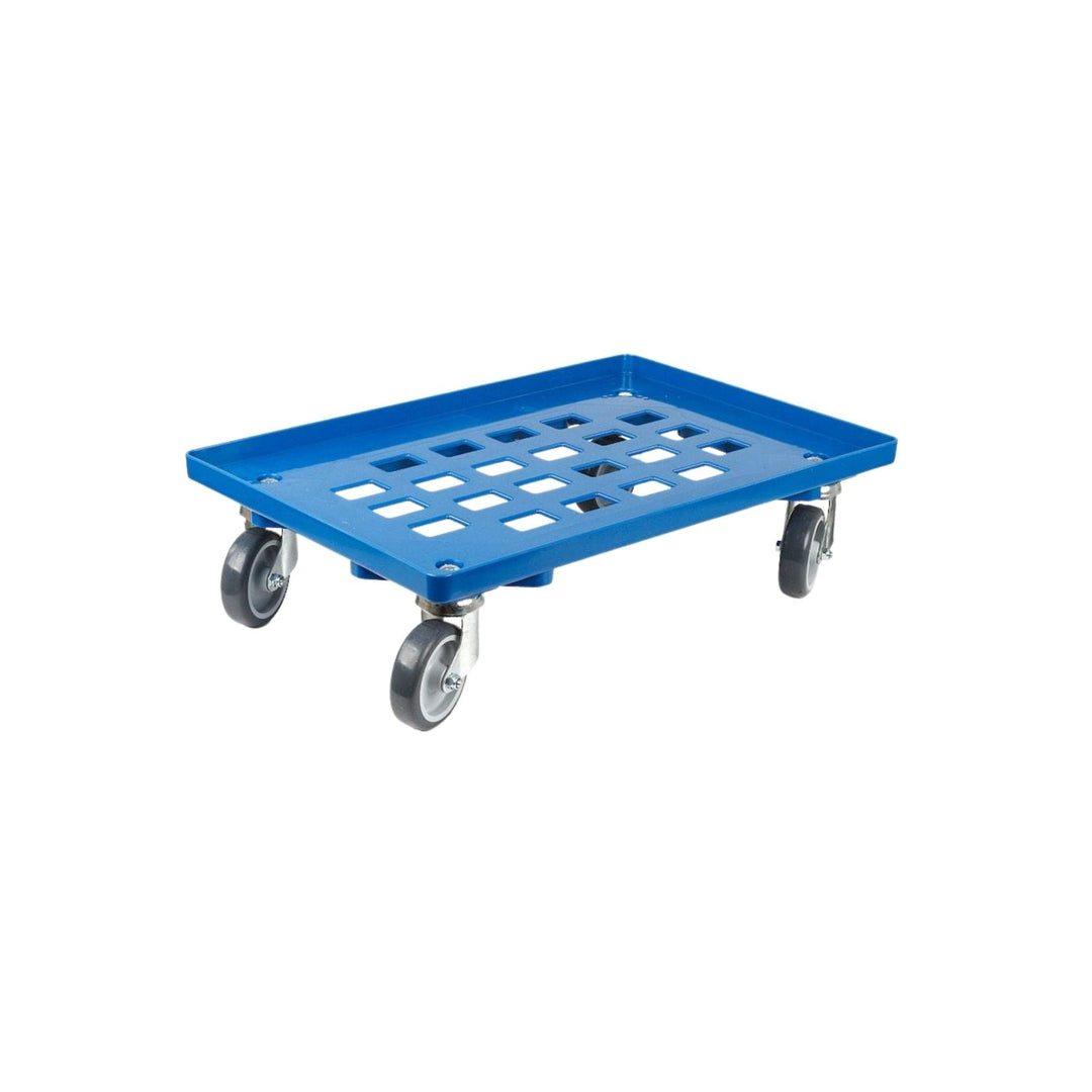 Transportroller für Euroboxen 60x40cm mit Gummiräder blau | Gitter/Rasterdeck | 2 Lenkrollen & 2 Boc