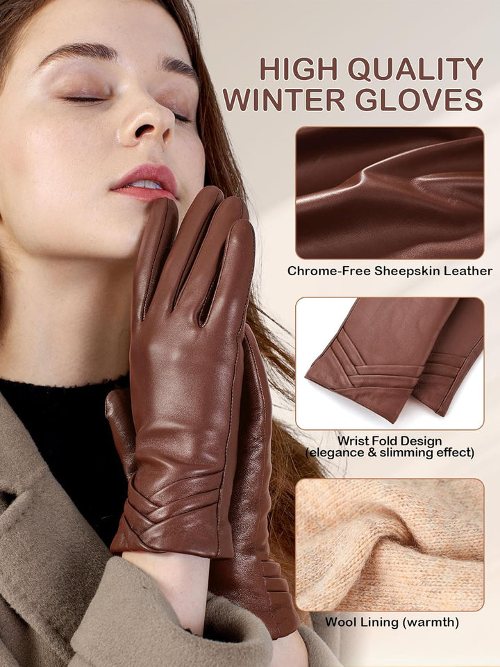 GSG SINCE 1998 Echtes Lammfell Lederhandschuhe für Damen Warm Gefütterte Touchscreen Winterhandschuh