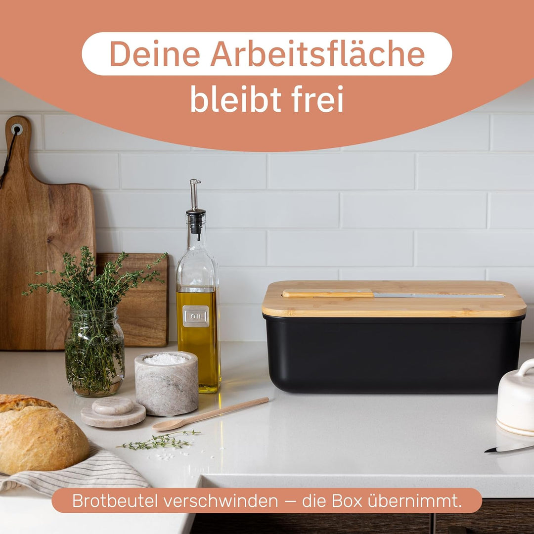UCO Brotkasten Schwarz 38 cm mit Schneidebrett-Deckel und Messer, inklusive Stoff-Brotbeutel, Brot A