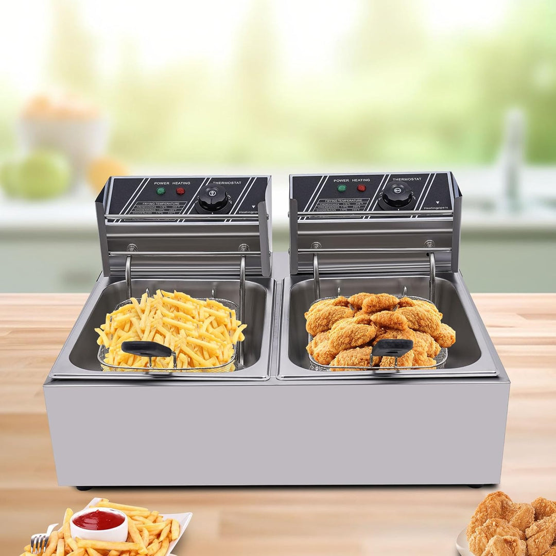 5000W Edelstahl Doppel Fritteuse, 2 * 6L Profi Friteuse Fritteuse mit Korb Dual Tank Elektro-Fritteu
