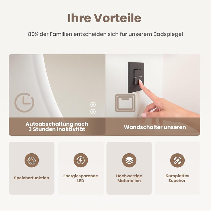 EMKE Asymmetrischer Spiegel LED Badspiegel mit Beleuchtung 70 x 50 cm Touch-Schalter, 3 Lichtfarben