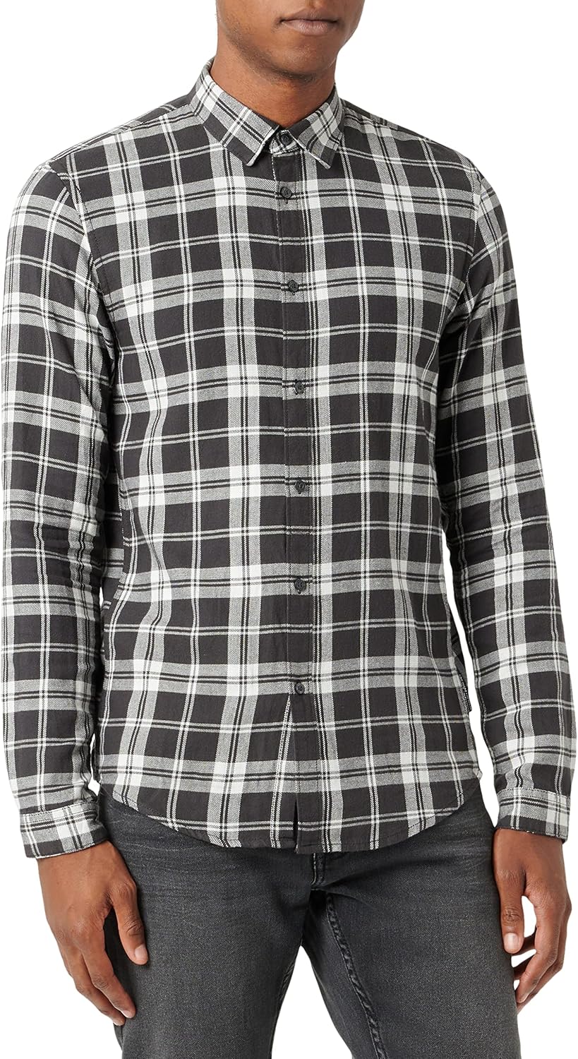 TOM TAILOR Denim Herren Hemd mit Karomuster, 30672 - Coal Grey Light Beige Check