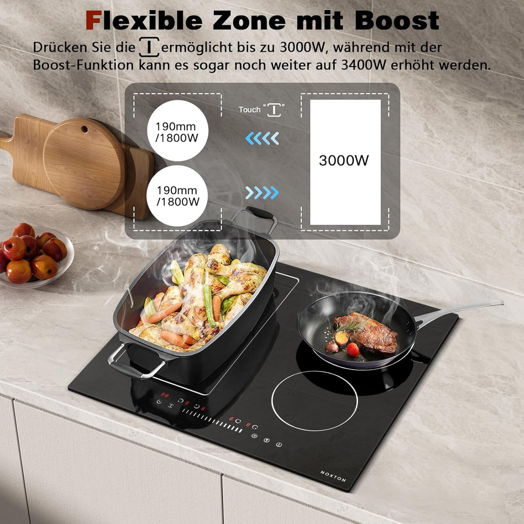 NOXTON Induktionskochfeld 60 cm mit Flexzonen, Autarkes Induktionsfeld 4 Platten, Kochfeld Induktion