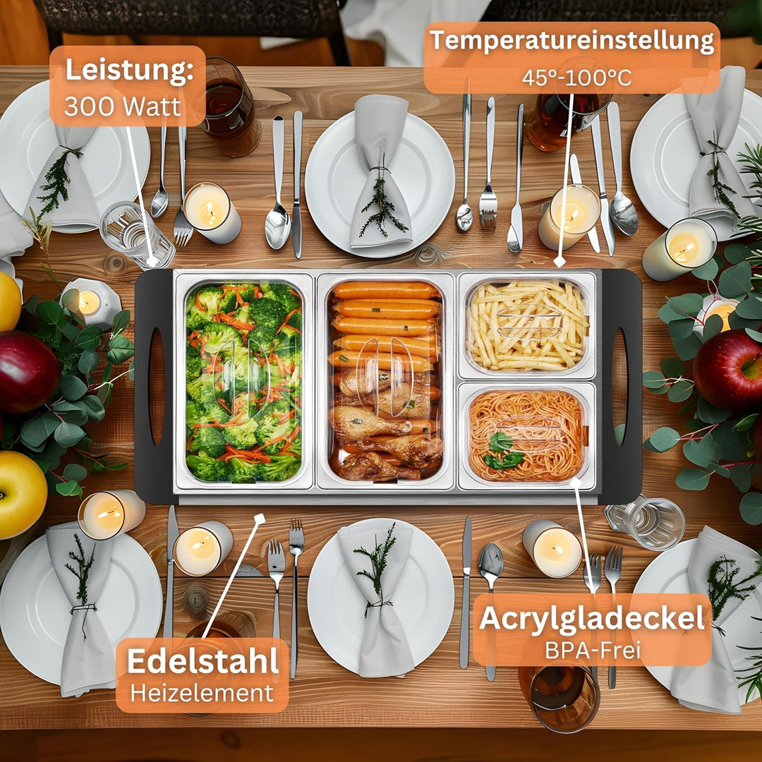 Buffetwärmer | Warmhalteplatte | Speisewärmer | 300 Watt | 4 Speisebehälter | Buffet Wärmer | Speise