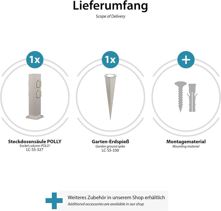 ledscom.de 3X Garten-Steckdosen-Säule Polly mit Erdspiess für aussen, 4-Fach, Edelstahl, eckig, 38cm