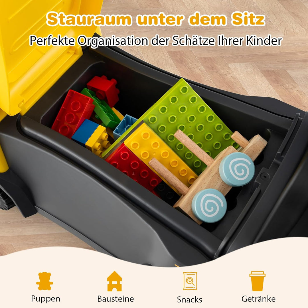 GOPLUS Kinder Rutschauto, 2 in 1 Schiebeauto, Bauwagen mit Lichtern, Geräuschen & Stauraum unter dem